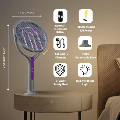 2-in-1 Mosquito Trap Lamp & Retractable Electric Fly Swatter Racket – USB Rechargeable Base, Extendable Handle Bug Zapper for Home & Bedroom Pest Control