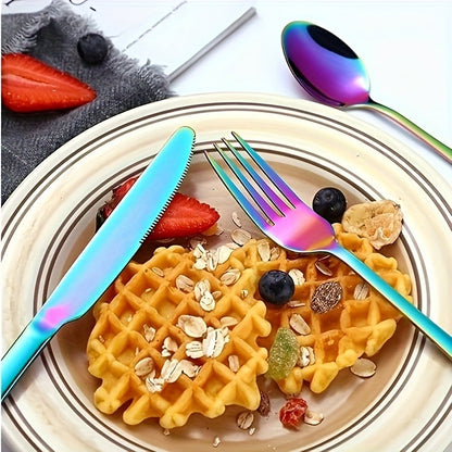 Flatware Set 60 Piece Rainbow Stainless Steel Cutlery 430 Mirror Polish Dishwasher Safe Knife Fork Spoon for Camping Picnic Travel Party Outdoor Dining Serves 12