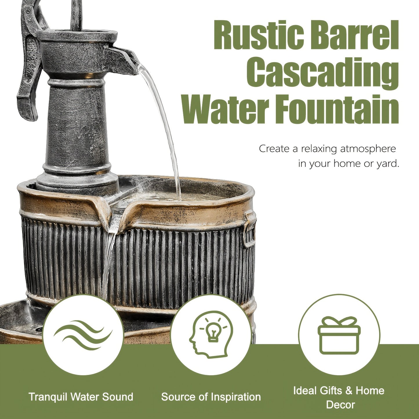 Outdoor Water Fountain 2-Tier Barrel with LED Light & Pump - Rustic Resin Garden Fountain for Patio, Yard & Deck Decor, Bronze Finish, Continuous Flow
