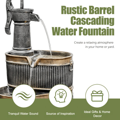 Outdoor Water Fountain 2-Tier Barrel with LED Light & Pump - Rustic Resin Garden Fountain for Patio, Yard & Deck Decor, Bronze Finish, Continuous Flow