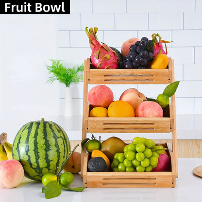 Fruit Basket Stand 2 & 3 Tier Wooden Countertop Organizer Large Capacity Kitchen Storage for Fruits Vegetables Bread Produce with Banana Hooks Natural Wood