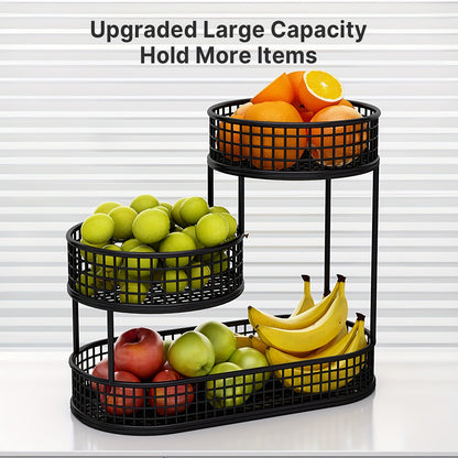3-Tier Metal Fruit Basket Large Capacity Black Wire Rack | Kitchen Countertop Organizer for Fruits Vegetables Bread Snacks