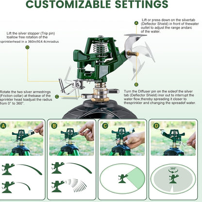 Impact Sprinkler Tripod 360° Zinc Head Lawn Yard Irrigation Flip Lock
