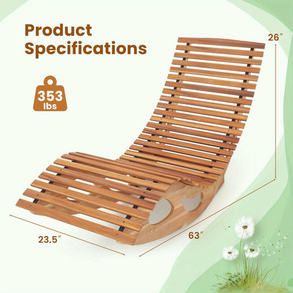 Acacia Wood Rocking Chaise Lounge Outdoor High Back Ergonomic Slatted Seat Stopper 350lb Patio Rocker for Deck Poolside Garden