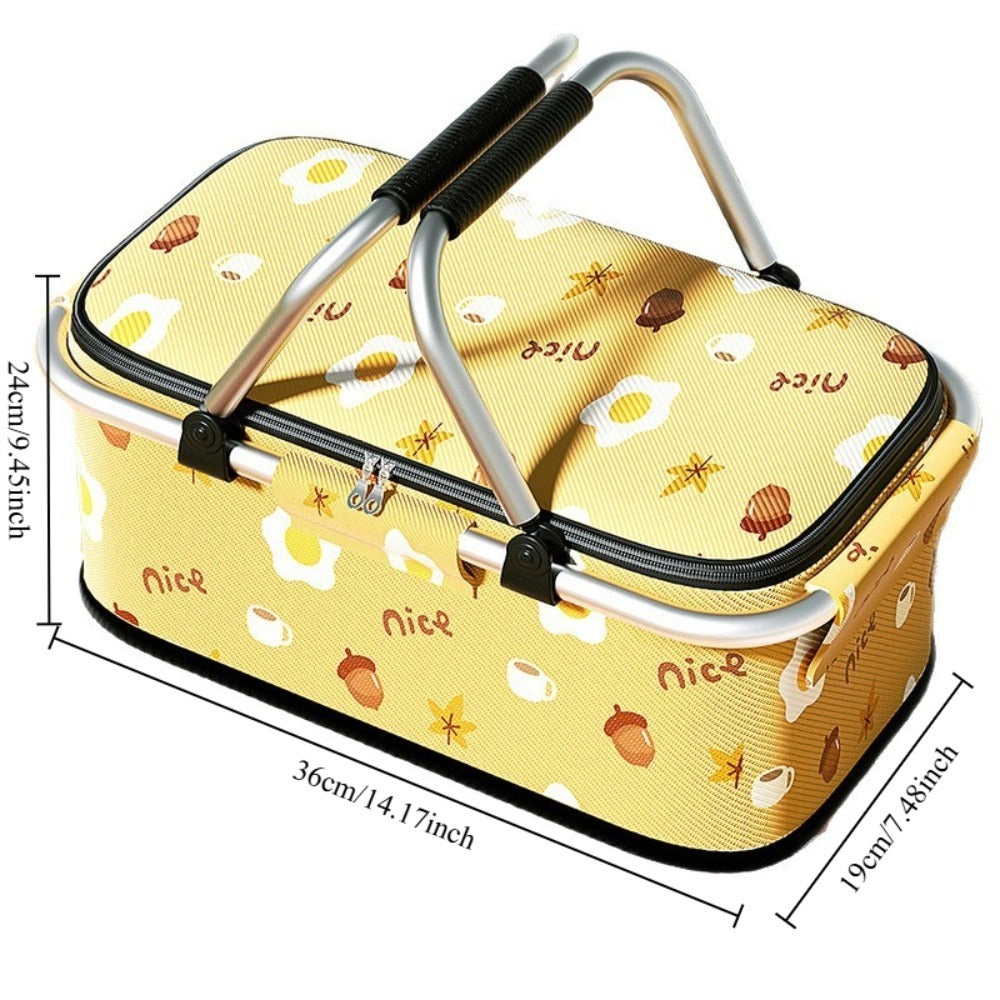 Insulated Picnic Box with Aluminum Frame – Collapsible Thermal Camping Storage Basket for Outdoor Picnic, BBQ, Travel & Camping with Cute Pattern Designs