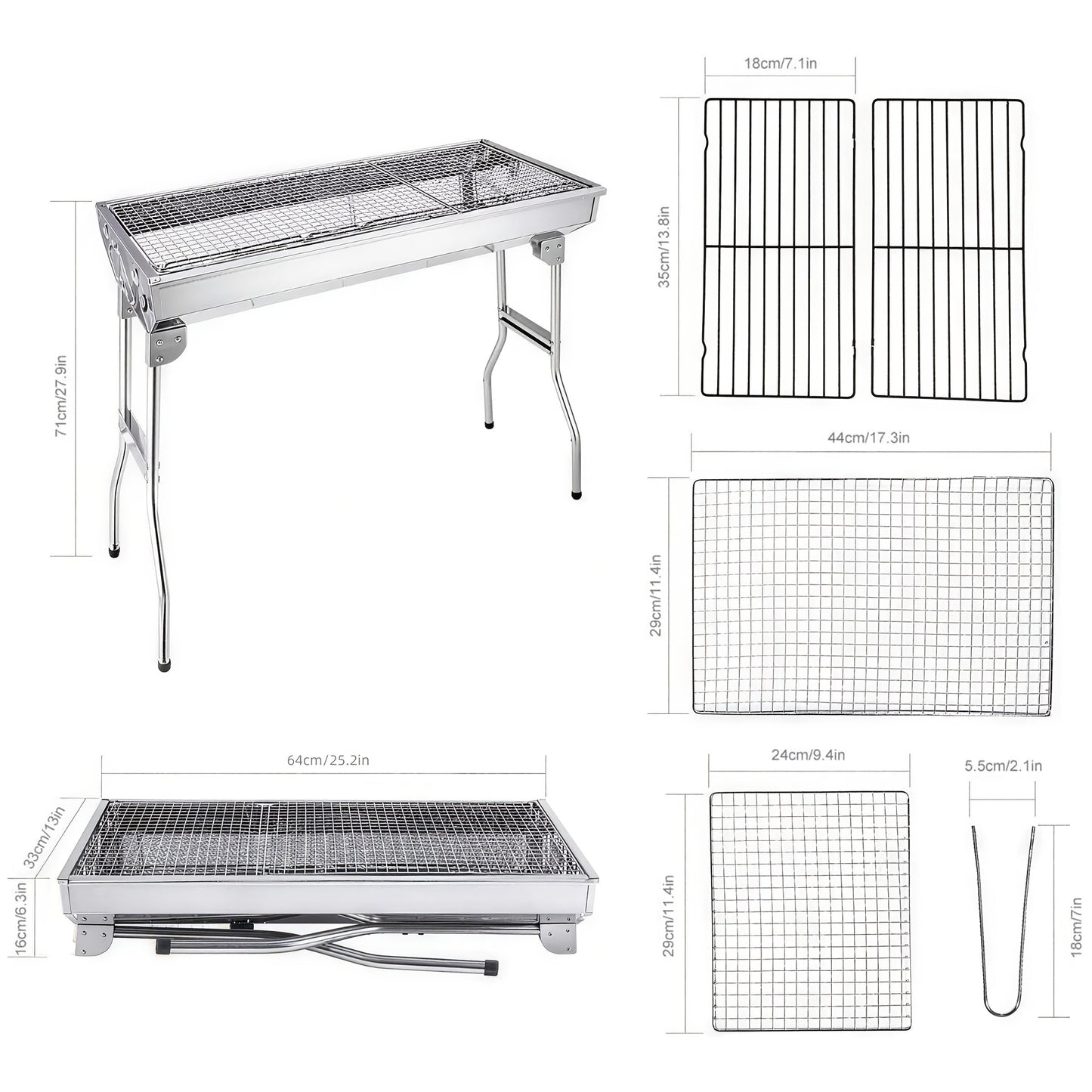 Charcoal BBQ Grill Foldable Large with Side Shelf & Storage Basket – Stainless Steel Portable Outdoor Grill for Camping, Picnic, Garden Patio & Travel | Optional 3-Piece Tool Set
