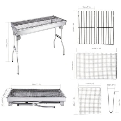 Charcoal BBQ Grill Foldable Large with Side Shelf & Storage Basket – Stainless Steel Portable Outdoor Grill for Camping, Picnic, Garden Patio & Travel | Optional 3-Piece Tool Set