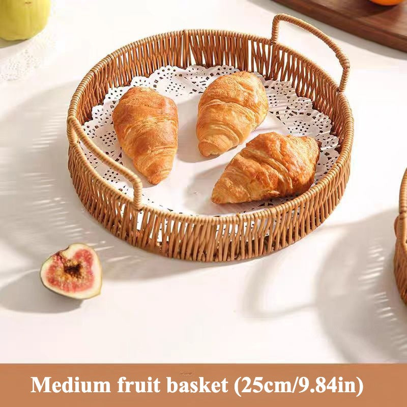 Woven Rattan Bread Basket Set of 3 Round Fruit Basket with Handles for Bread Fruit Vegetables Dim Sum Dining Table Catering Display Decor