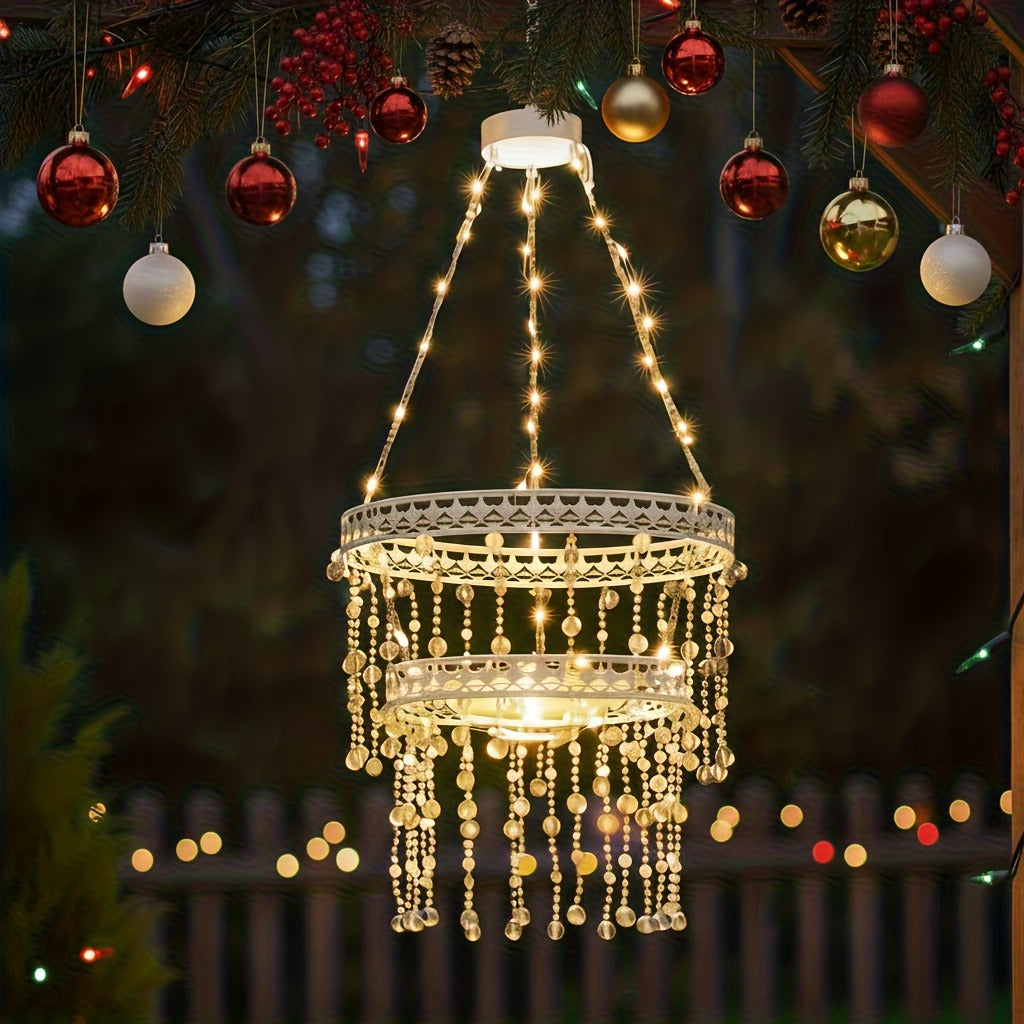 Solar Chandelier Outdoor Hanging Crystal Light 54 LED Warm White Waterproof Garden Yard Patio Gazebo Party Wedding Decor 6-Tier Oval Round