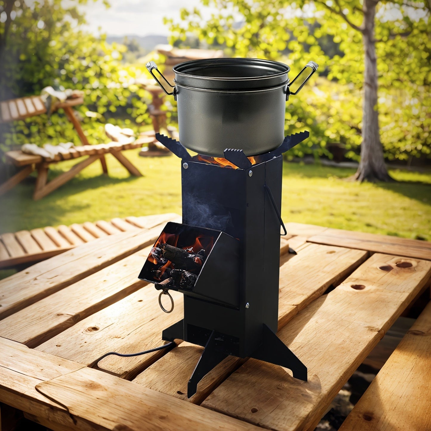 Rocket Stove Wood Burning Stove, Heavy-Duty Detachable Outdoor Cooking Stove for Courtyard, Camping & Grilling – Charcoal & Firewood Compatible, Black