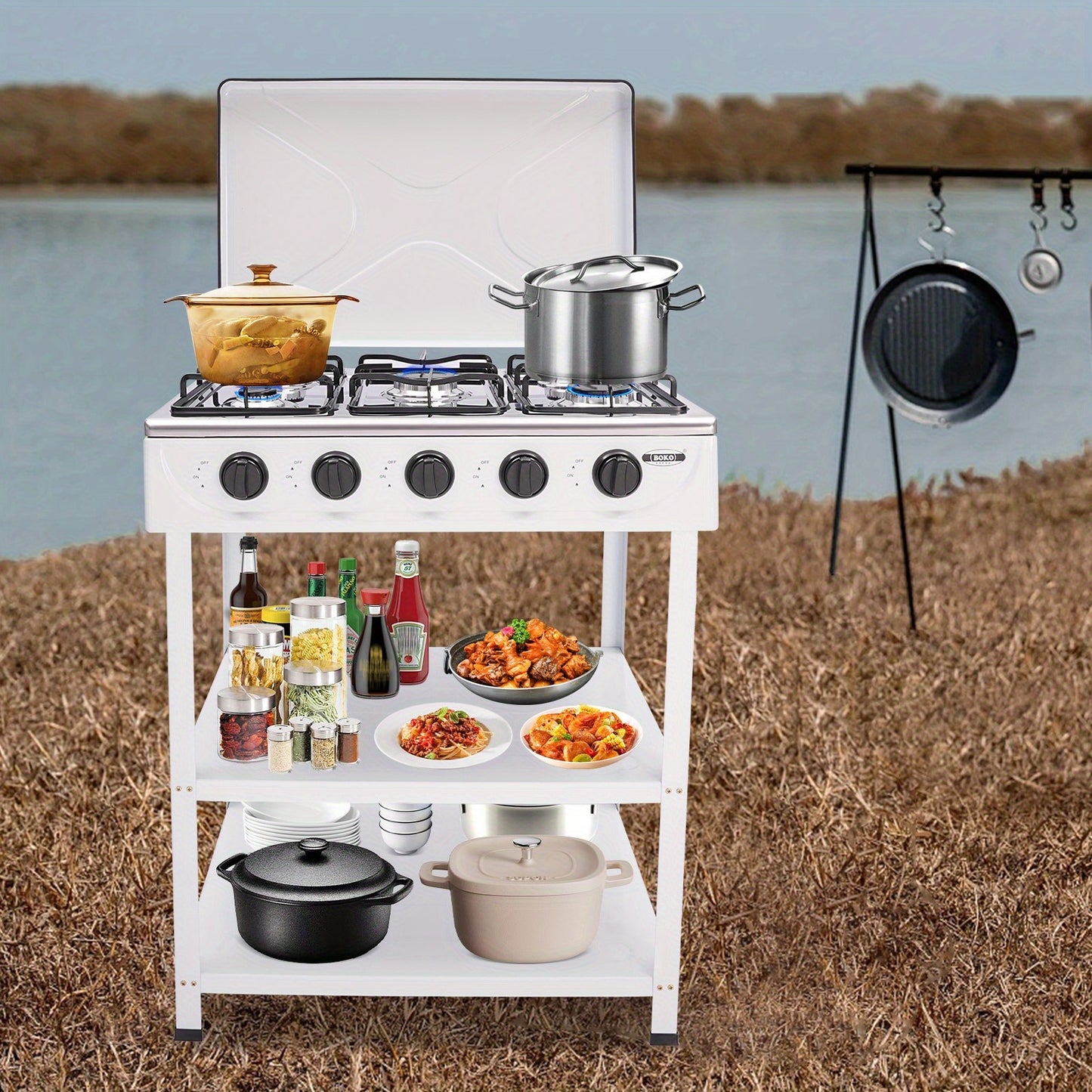 5-Burner Gas Stove CNCEST Portable Natural Gas Stove | 2.5kW Per Burner | Freestanding Outdoor Cooking Stove for RV, Camping, Tailgating & Backyard | White, 64×44.5cm
