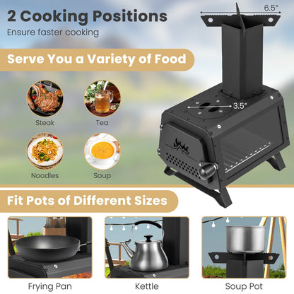Camp Stove Wood Burning 2-in-1 Outdoor Cookstove & Heater, Carbon Steel, Glass-Ceramic Window, Dual Cooking Positions, Anti-Scald Handle, Foldable, 8.5 lbs for Camping Hiking