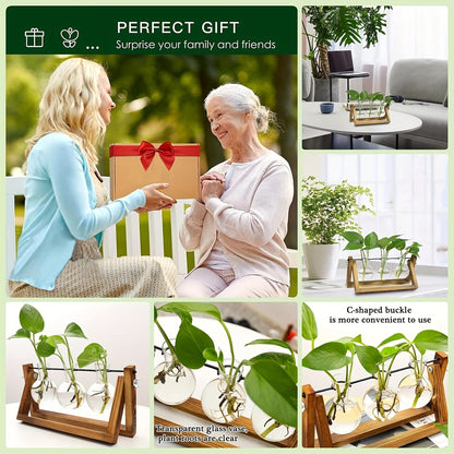 Propagation Station 3 Bulb Glass Vase with Wooden Stand - Hydroponic Plant Terrarium for Home Office Desk Decor, Unique Gardening Gift for Women Plant Lovers, Boho Cottagecore