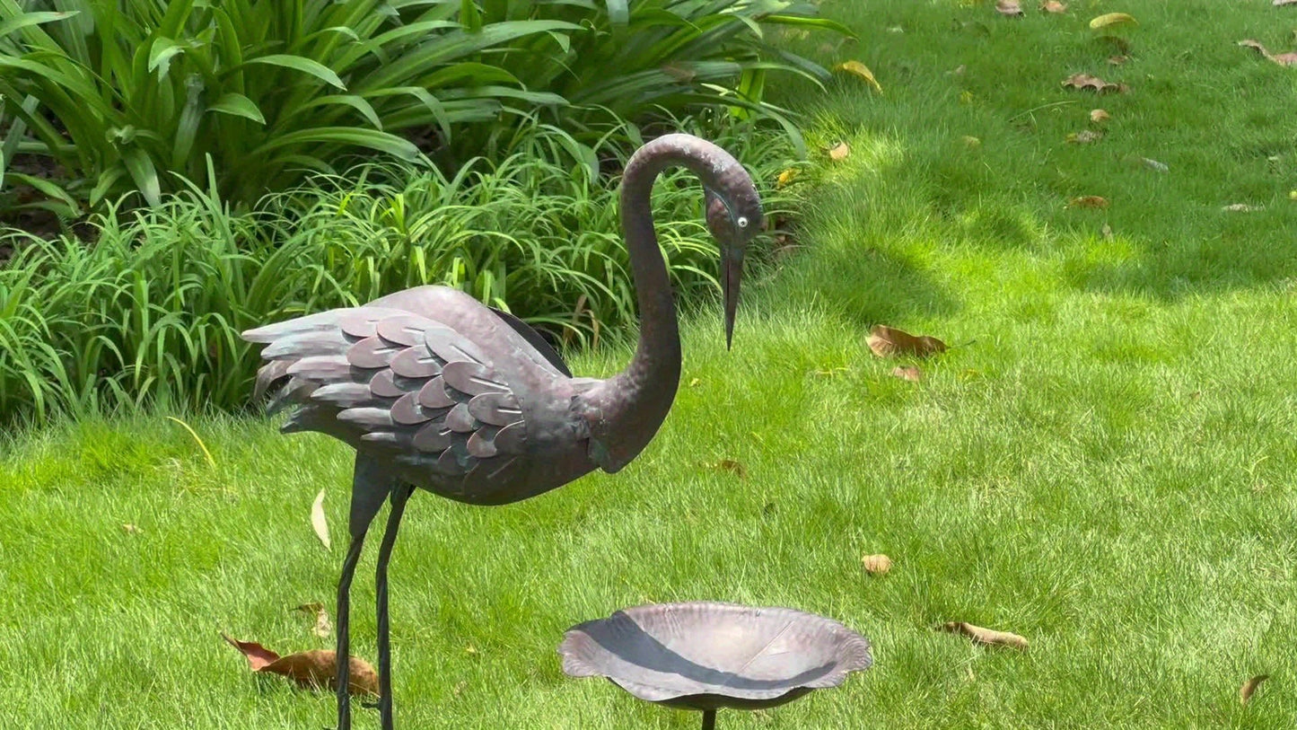 Bird Bath Outdoor Metal Crane Heron Sculpture 36" – Garden Feeder Stake Yard Lawn Patio Decor