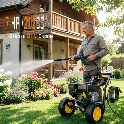 Gas Pressure Washer 3500PSI 2.6GPM 7.0HP 4-Stroke Engine 30-Foot Hose 5 Nozzles Off-Road Wheels Heavy Duty for Siding Driveway Car RV Paint Prep