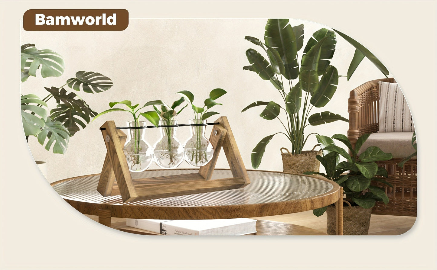 Glass Terrarium Heart Shaped Hydroponic Vase with Wooden Stand - Elegant Plant Propagation Station for Home Decor, Romantic Gift Idea for Women Plant Lovers, Boho Desk Decor