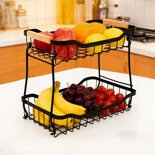 Fruit Basket with Banana Hook, 2 & 3 Tier Metal Stand, Removable Tiers, Wooden Handle, Kitchen Countertop Organizer for Fruits, Vegetables & Bread