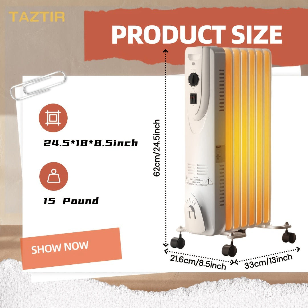 Oil Filled Radiator Heater 1500W Portable Electric Space Heater with 3 Heating Modes 600W/900W/1500W, Adjustable Thermostat, Overheat & Tip-Over Protection, Heavy-Duty Metal Housing with Casters