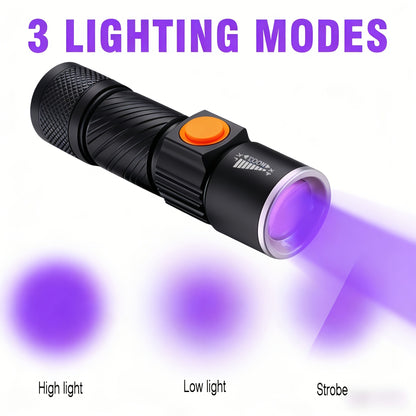 UV Flashlight Black Light 395nm USB Rechargeable - Ultraviolet Torch with 3 Modes for Pet Stain Detection, Bed Bug, Mold, Scorpion, Home & Outdoor Use