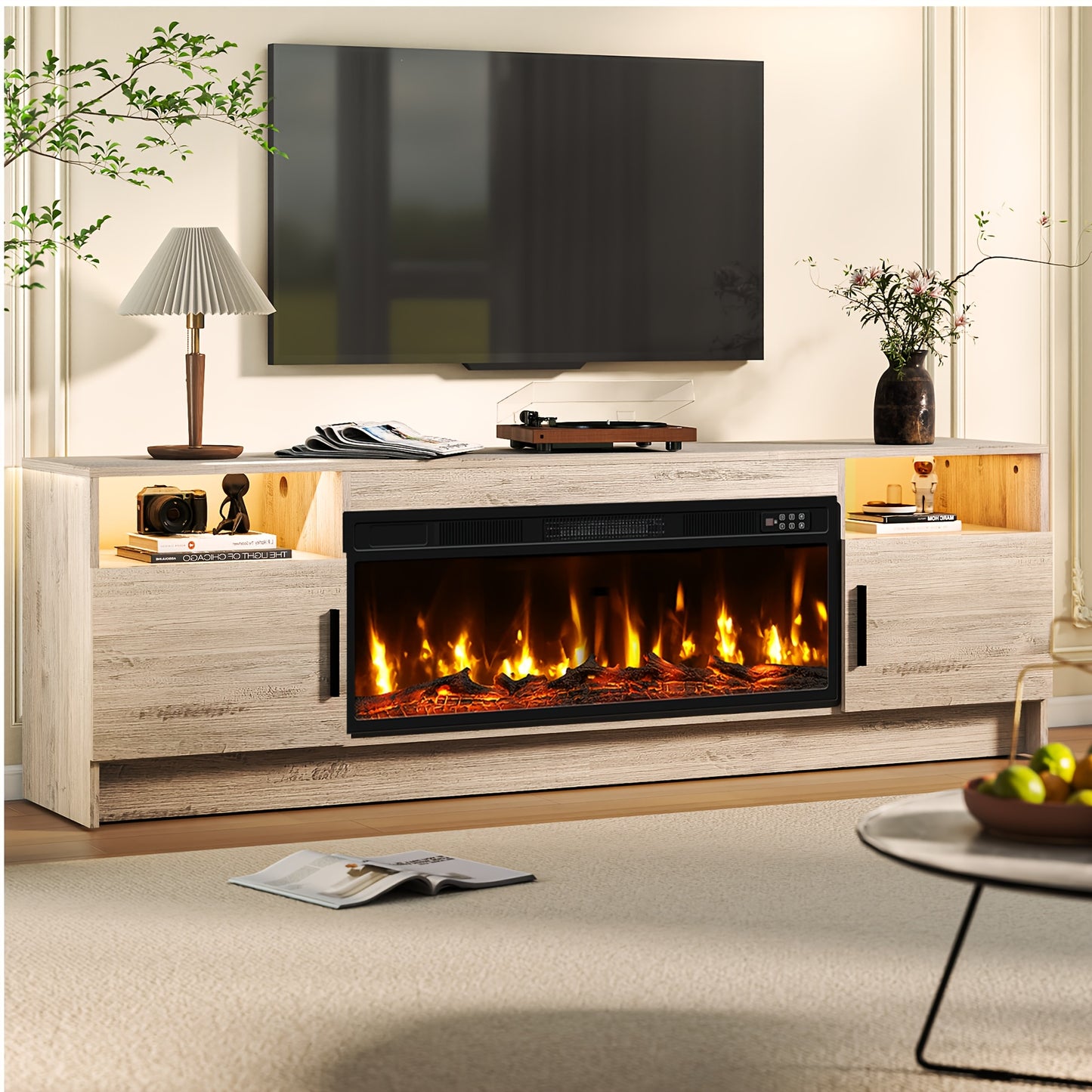 Entertainment Center with Electric Fireplace 70 Inch TV Stand for TVs up to 80" 36" Fireplace 20-Color LED High Gloss Storage Cabinet Wood Grain