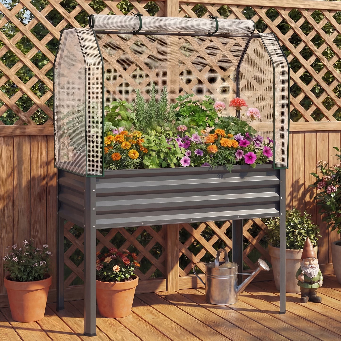 Elevated Raised Garden Bed with Greenhouse Cover 3-in-1, 44"x22"x60" Electroplated Metal Planter Box with Legs, Roll-Up Zippered Door for Vegetables, Flowers & Herbs, Gray