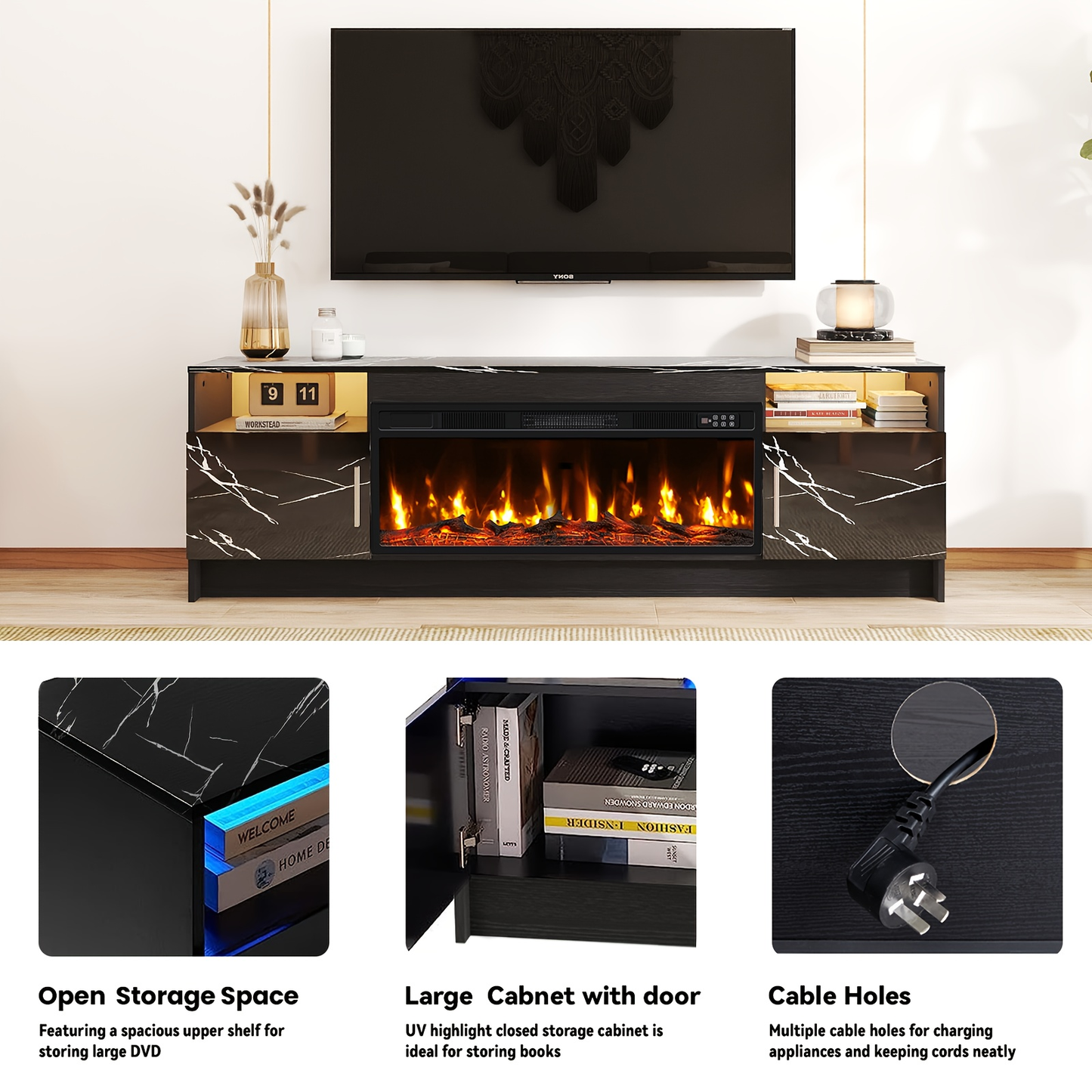 Entertainment Center with Electric Fireplace 70 Inch TV Stand for TVs up to 80" 36" Fireplace 20-Color LED High Gloss Storage Cabinet Wood Grain
