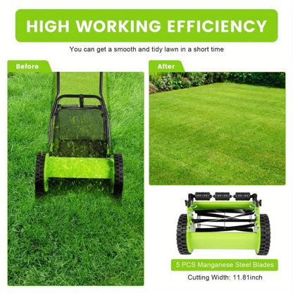 Manual Reel Lawn Mower 5-Blade Push Mower 11.8-Inch Cutting Width Adjustable Height 0.47"-1.77" with 6-Gallon Grass Catcher & Durable Steel Wheels for Residential Lawn