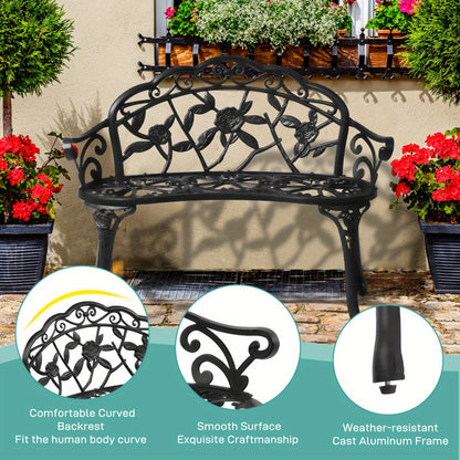 Outdoor Garden Bench Rose Pattern Cast Aluminum Floral Patio Bench with Armrests Vintage Metal Bench for Porch Courtyard Wedding Decor 38.5 Inch