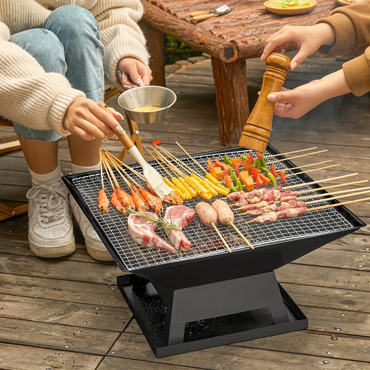 Outdoor Fire Pit 18.5 Inch Heavy Duty BBQ Grill Bowl with Combustion Grate Ash Collector Fireproof Cover Charcoal Hook for Backyard Patio Garden Camping