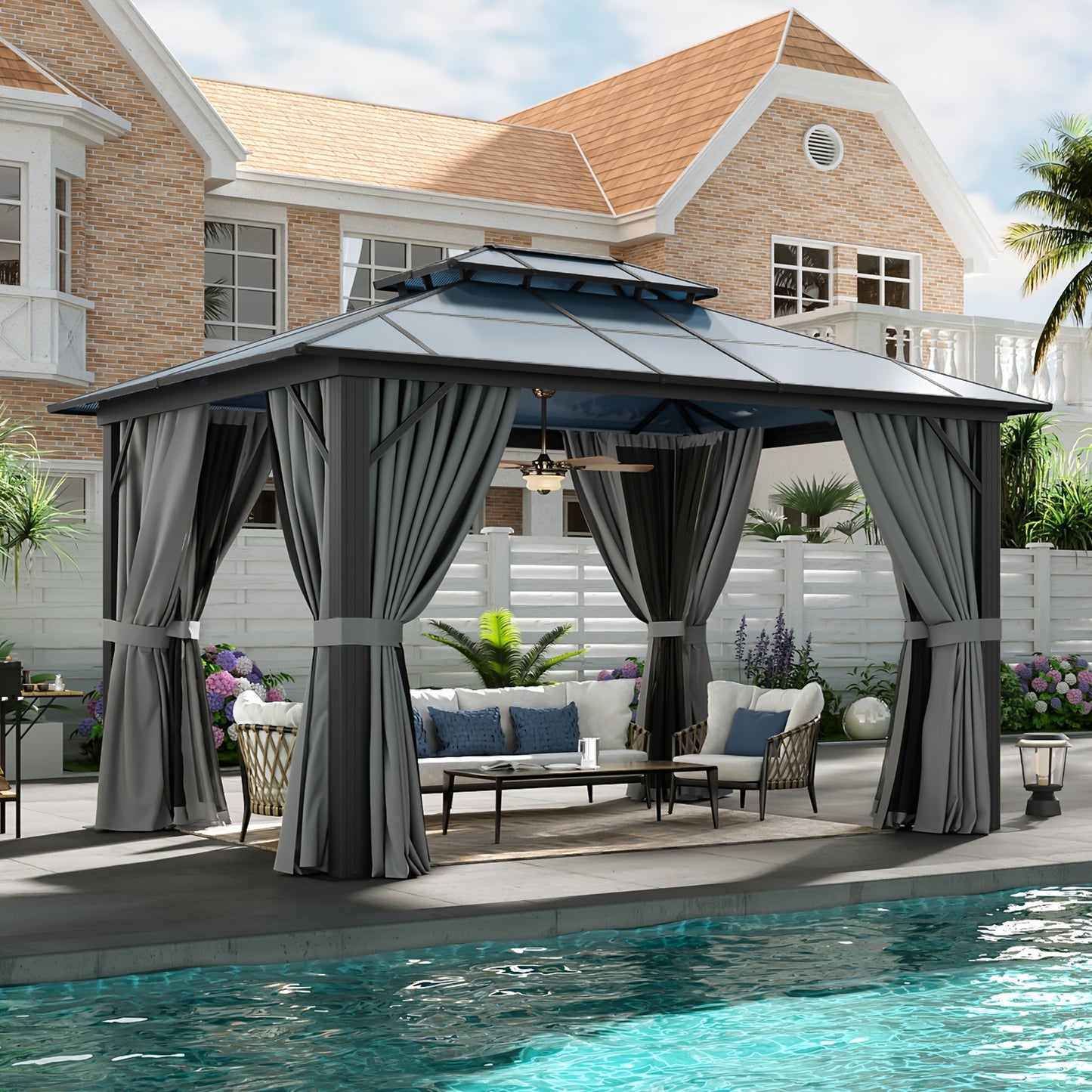 Hardtop Gazebo Polycarbonate Roof Aluminum Frame Curtains & Net