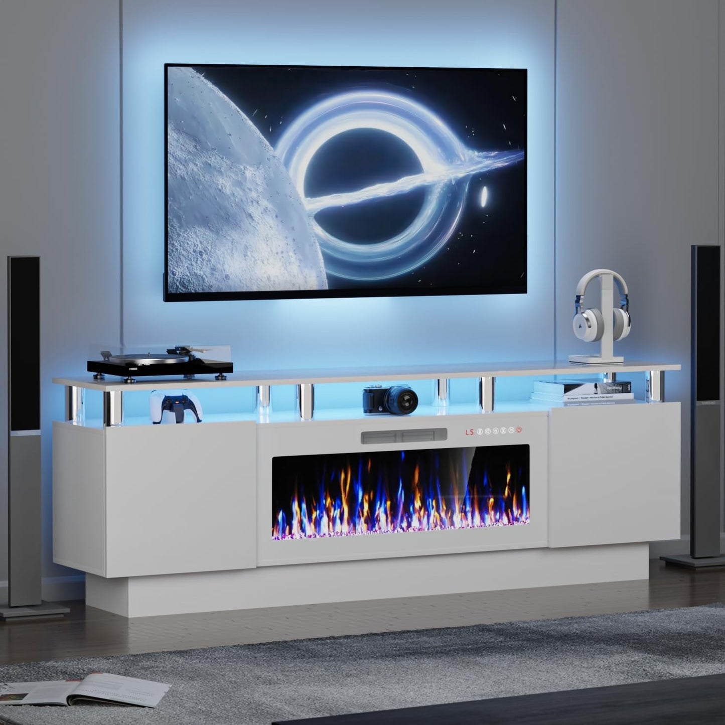 Entertainment Center with Electric Fireplace – 70" Modern TV Stand for TVs Up to 80", 36" LED Flame, High Gloss Cabinet, Multi-Color Options for Living Room