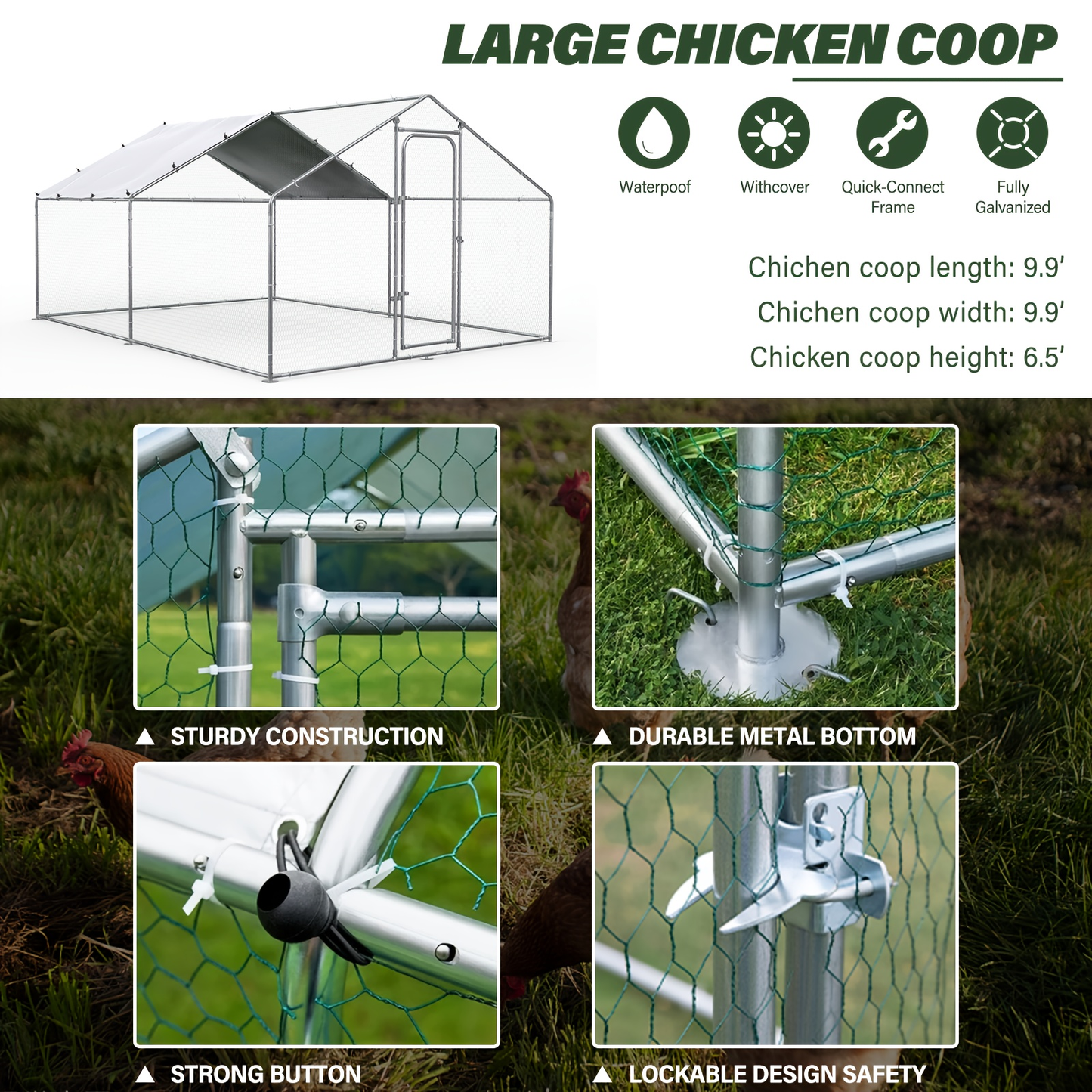 Metal Chicken Run Outdoor Poultry Cage Large Walk-in Enclosure for Chickens Ducks Rabbits UV-Resistant Weather-Resistant Mesh Walls Secure Latches Easy-Access Doors No Electricity Needed