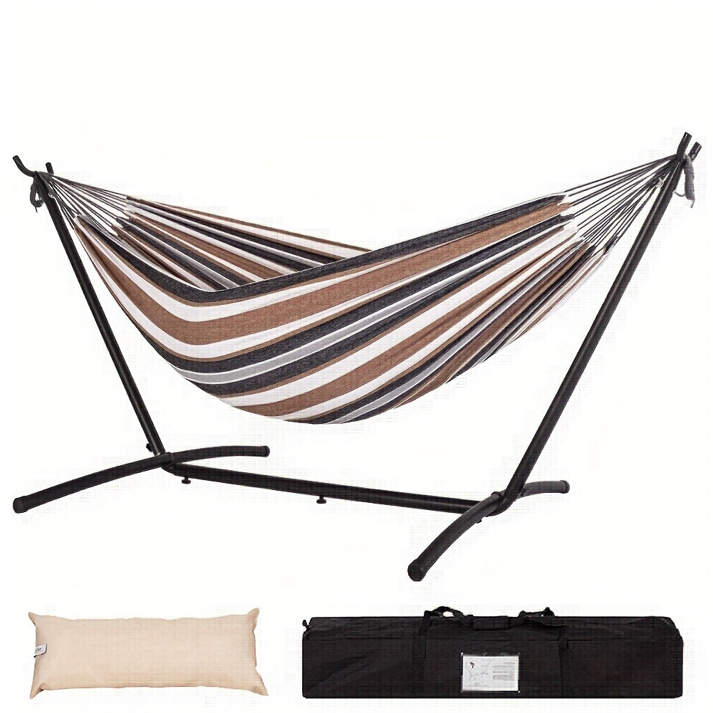 Double Hammock with Steel Stand 450 lbs Heavy Duty Portable Outdoor Indoor Carry Case Head Pillow No Assembly Camping Patio Backyard Multiple Colors