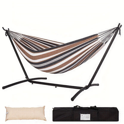 Double Hammock with Steel Stand 450 lbs Heavy Duty Portable Outdoor Indoor Carry Case Head Pillow No Assembly Camping Patio Backyard Multiple Colors