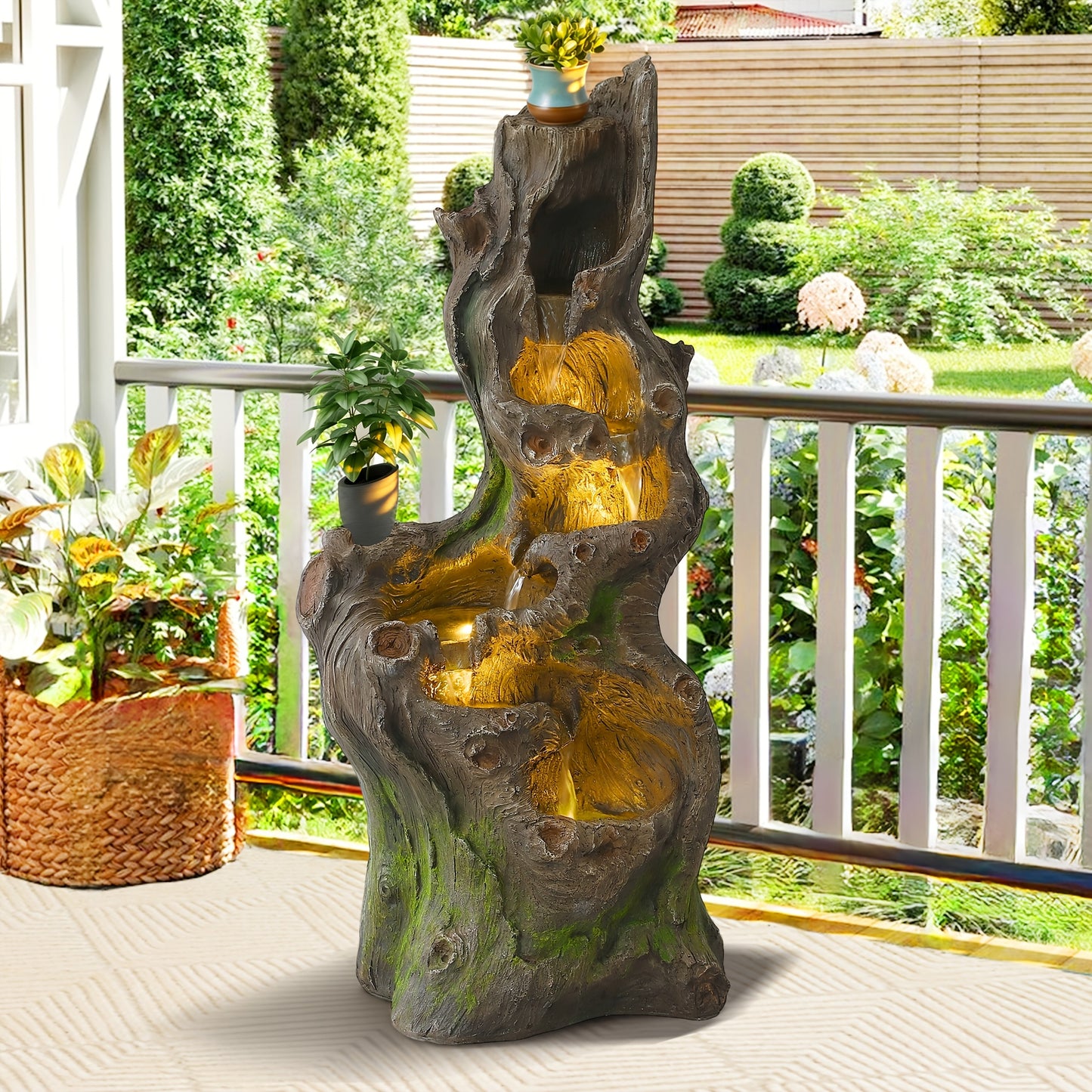 Outdoor Water Fountain 40 Inch 6-Tier Cascading Tree Trunk Waterfall with LED Lights Resin for Garden Patio Yard