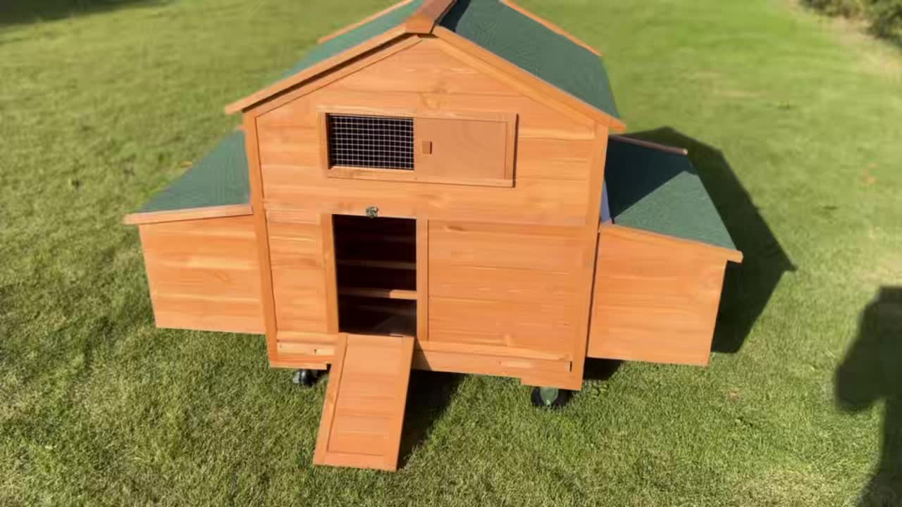 Mobile Chicken Coop with Wheels Large Outdoor Hen House for 6-8 Chickens Waterproof PVC Cover Thickened Fir Wood Double Nesting Box Removable Tray 4 Universal Wheels