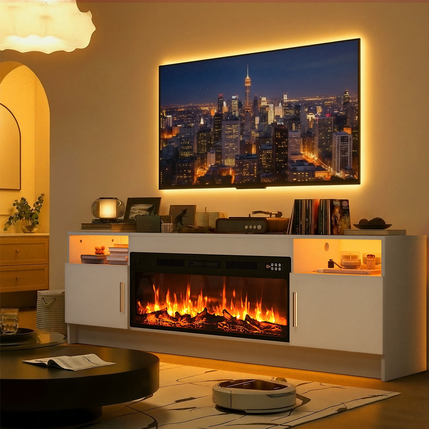 Entertainment Center with Electric Fireplace 70 Inch TV Stand for TVs up to 80" 36" Fireplace 20-Color LED High Gloss Storage Cabinet Wood Grain