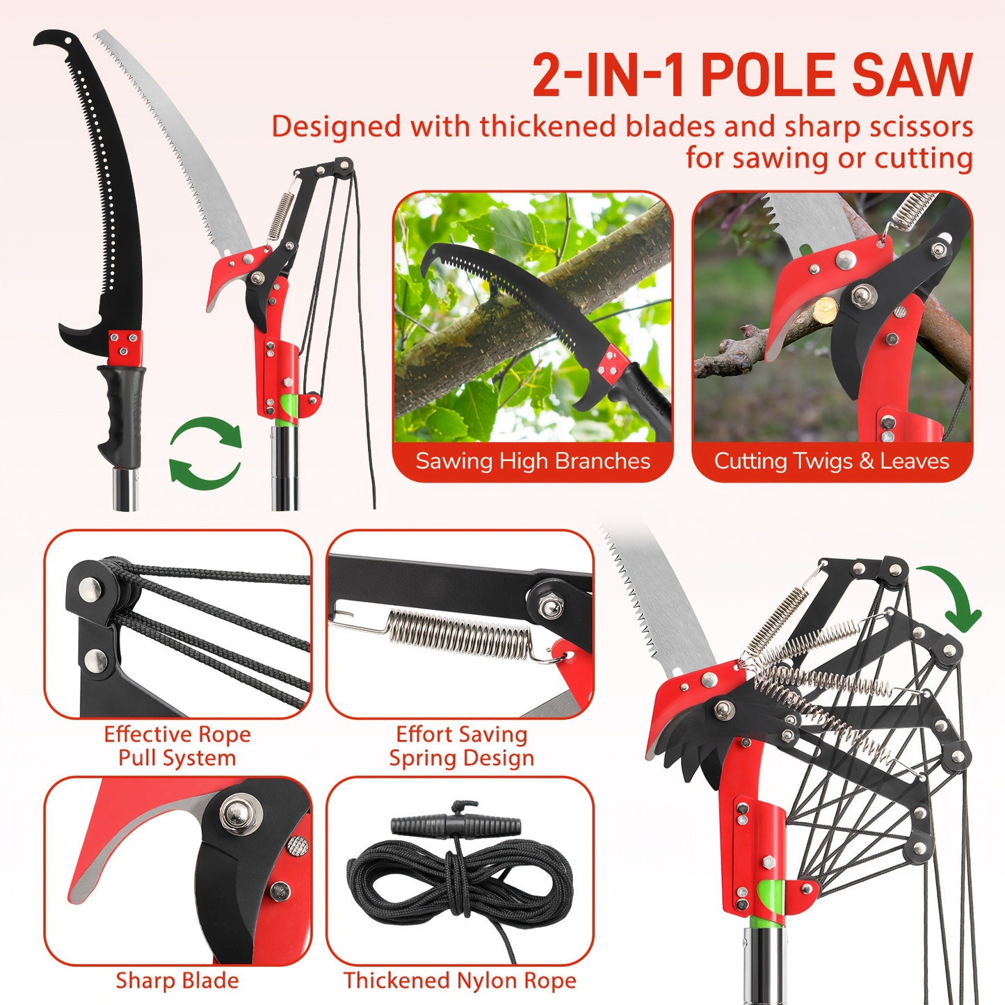 26FT Manual Pole Saw with Pruner & Bag – Extendable Tree Trimmer