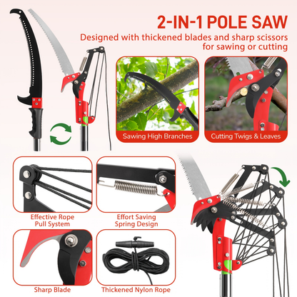 26FT Manual Pole Saw with Pruner & Bag – Extendable Tree Trimmer