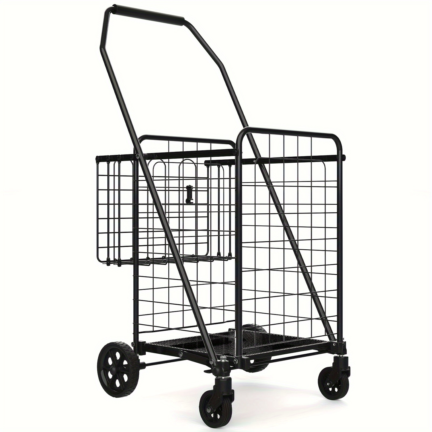 Folding Grocery Cart on Wheels Heavy Duty 132 LBS Capacity, Double Basket Shopping Cart for Groceries Laundry Foldable Utility Cart