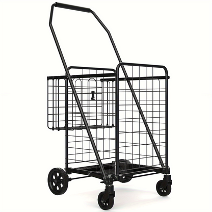 Folding Grocery Cart on Wheels Heavy Duty 132 LBS Capacity, Double Basket Shopping Cart for Groceries Laundry Foldable Utility Cart