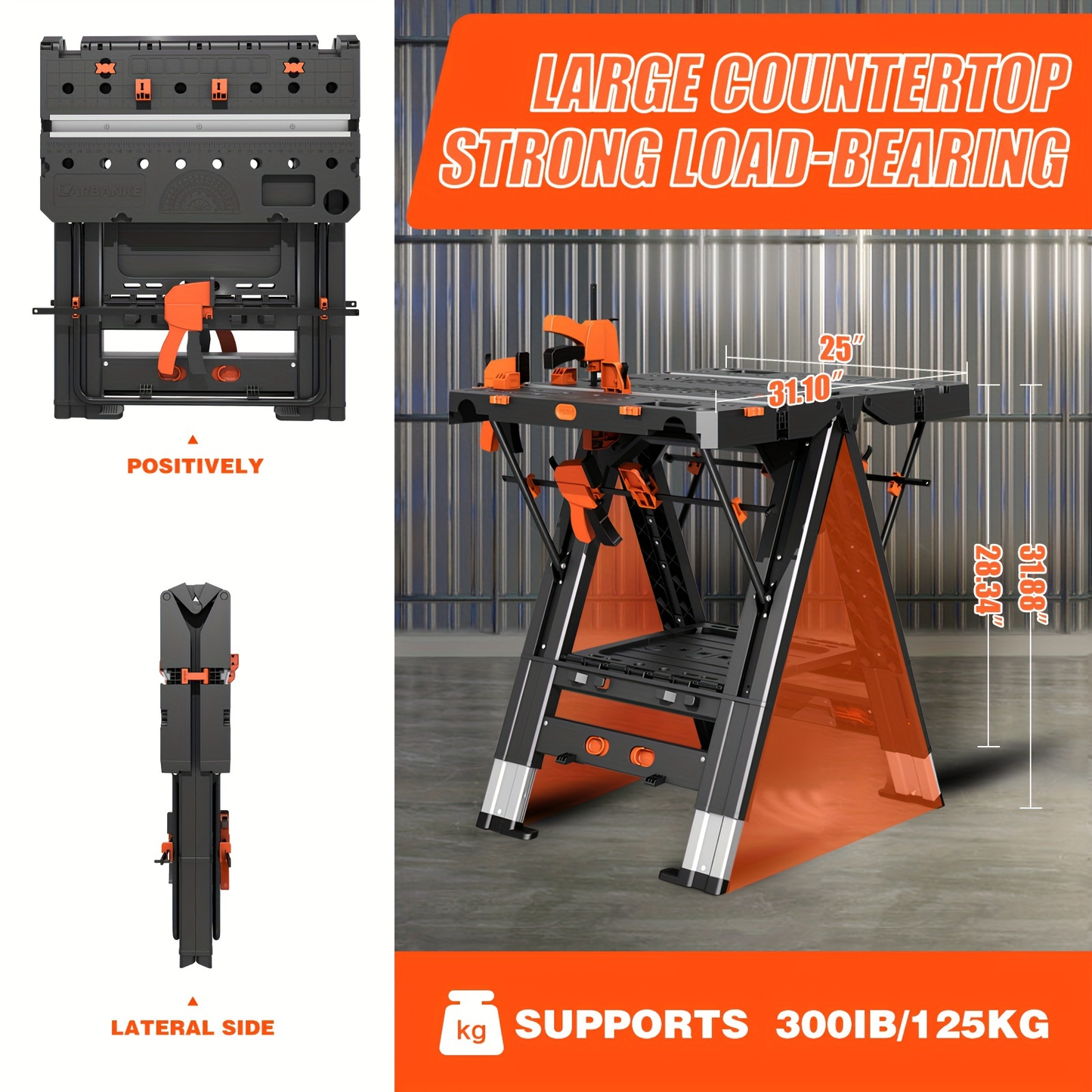 Folding Workbench Sawhorse 2-in-1 Waterproof Height Adjustable Aluminum Legs 150LBS Clamp Force with 4 Woodworking Clamps for DIY Garage Workshop Portable