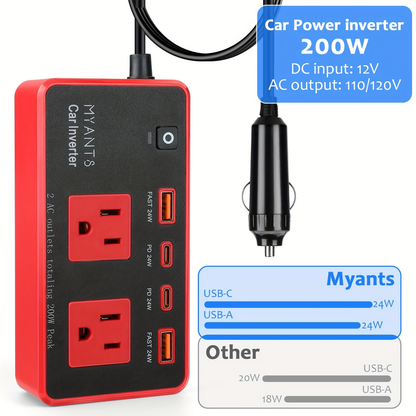 Vehicle Power Inverter 200W DC 12V to AC 110V 120V with 24W PD USB-C Fast Charging QC3.0 Multi-Port Car Charger Adapter for Phone Tablet Laptop Travel Road Trip