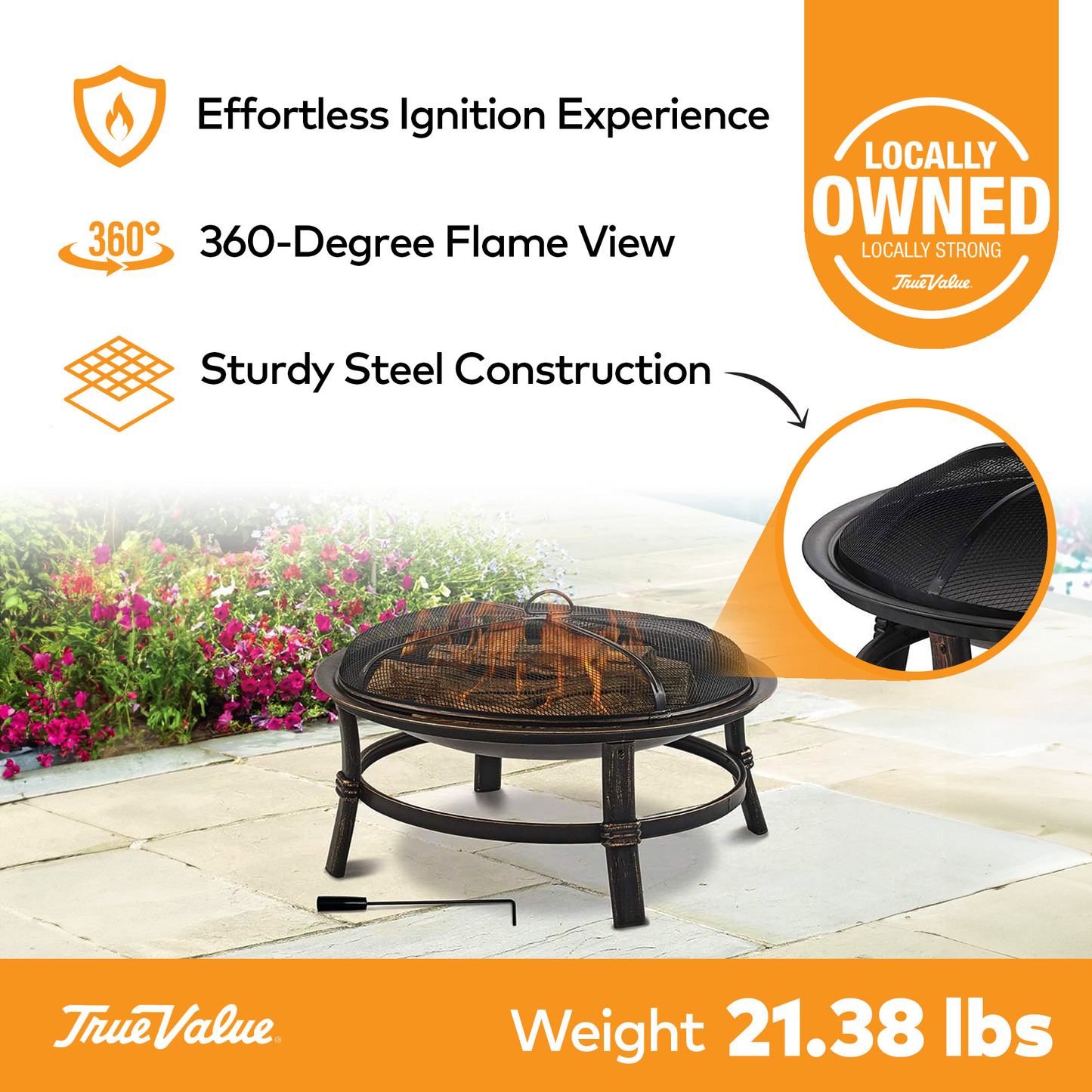 Wood Burning Fire Pit Bowl 29 Inch Outdoor Steel Fireplace with Spark Screen & Poker for Patio Backyard Deck Bonfire, Black