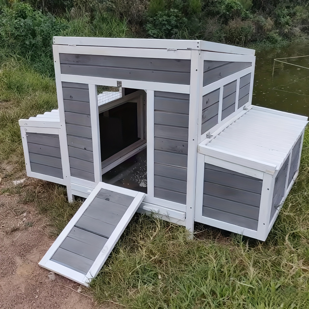 Wooden Chicken Coop with 2 Large Nesting Boxes for 4-6 Chickens | 59" Outdoor Hen House with Weatherproof PVC Roof, Ramps, Perches & Multiple Entrances