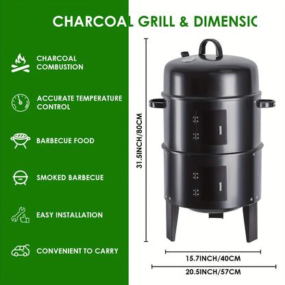 Charcoal Smoker Grill 16 Inch Vertical 3-Tier with Easy Temperature Control, Portable Outdoor Smoker for Simultaneous Smoking Grilling Cooking, Backyard Camping BBQ