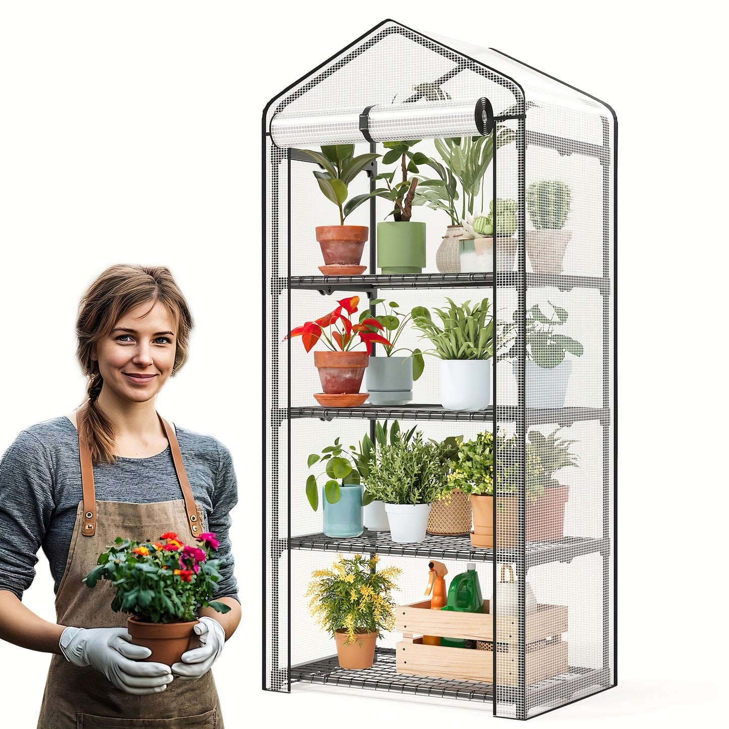 Tiered Greenhouse Shelves 3/4-Tier Portable Mini Plant Greenhouse with PE Cover & Aluminum Frame, Indoor Outdoor Warm House for Seedlings & Flowers, White & Green