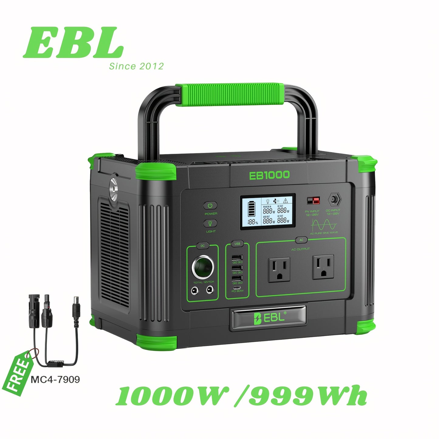 Battery Backup Power Station 1000W 999Wh | 2000W Peak Pure Sine Wave AC 110V PD 60W USB-C Solar Generator | Camping Home Emergency Road Trip