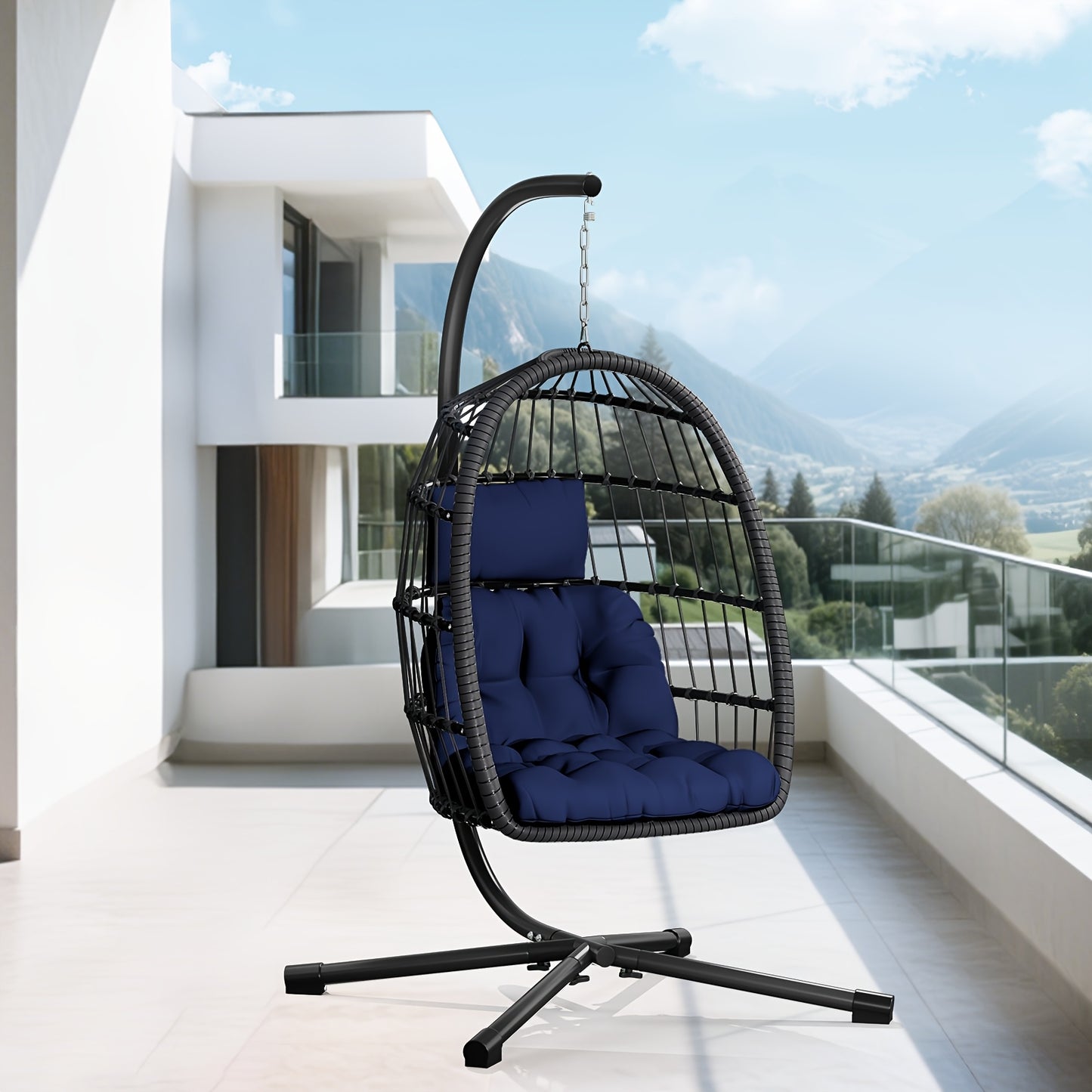 Outdoor Egg Chair with Stand Rattan Wicker Hanging Swing Hammock Chair Thickened Aluminum Frame UV-Resistant Cushion 350LBS Capacity Patio Balcony Deck Lawn Seat