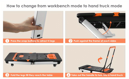 7in 1 Multifunctional Work Benches, Folding Work Table for Garage, As Portable Workbench, Sawhorse, Scaffold, Platform, Car Creeper, Dolly And Hand Truck, with 4 Wheels, Perfect Gift for Father's Day, Requires No Assembly